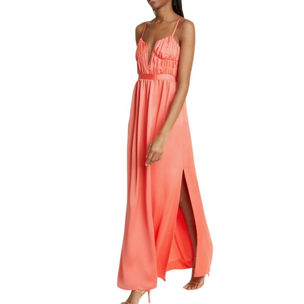 Ramy Brook Maxi Dress Size 12 Guava Coral Pink Satin Corset Plunge Neck Dress